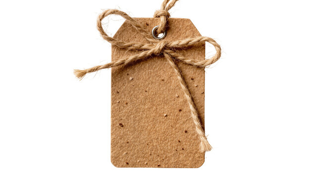 Brown kraft paper gift tag with twine bow, isolated on transparent background