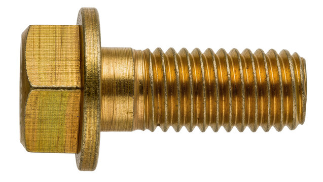 Hexagonal head flange bolt with golden metallic finish, isolated on transparent background