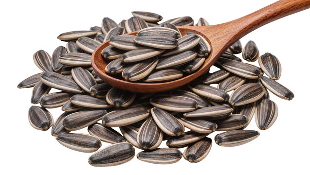 Wooden spoon overflowing with striped sunflower seeds, isolated on transparent background