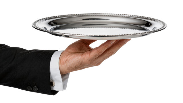 Man s hand in suit holding polished silver platter with beaded rim, isolated on transparent background