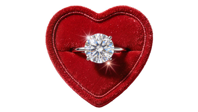 Sparkling diamond engagement ring in red velvet heart-shaped box, isolated on transparent background