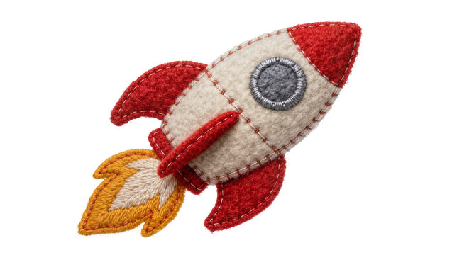 Handmade felt rocket ship with red fins and flame, isolated on transparent background