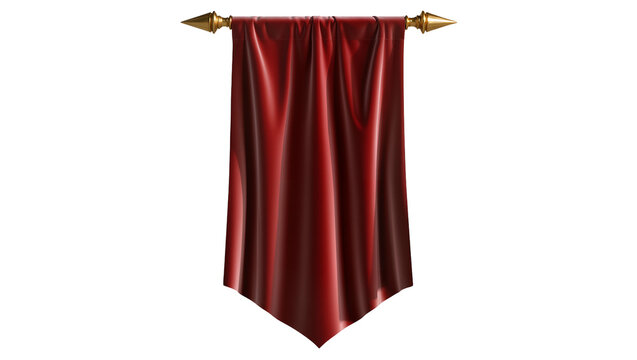 Rich red fabric banner hanging from ornate gold finials, isolated on transparent background