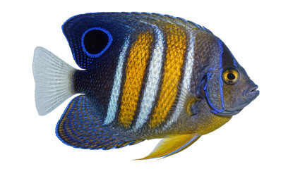 Naklejka premium Colorful angelfish with yellow white and blue stripes, isolated on transparent background