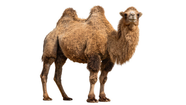 Dromedary camel with two humps standing, isolated on transparent background