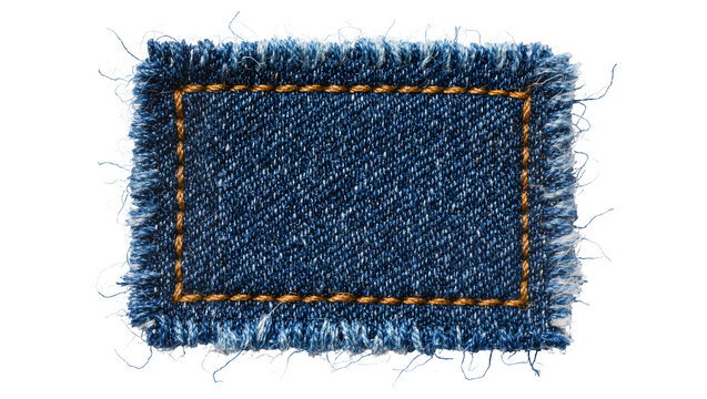 Rough denim fabric patch with frayed edges and stitched border, isolated on transparent background