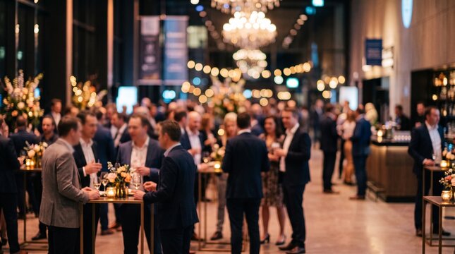 Business professionals networking at an evening gala dinner gathering where colleagues celebrate corporate success together in a grand venue filled with hanging chandeliers and festive warm