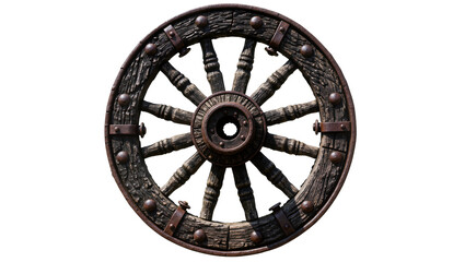 Rustic wooden wagon wheel with metal rivets and spokes, isolated on transparent background © Corotaev