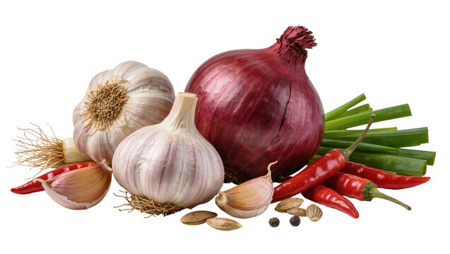 Red onion garlic bulbs chili peppers and green onions, isolated on transparent background