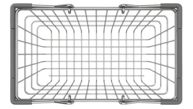 Empty metal wire shopping basket with grey handles, isolated on transparent background