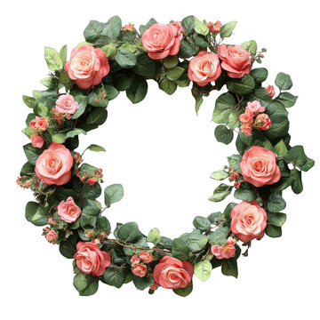 Pink Rose Wreath with Green Foliage Light Background