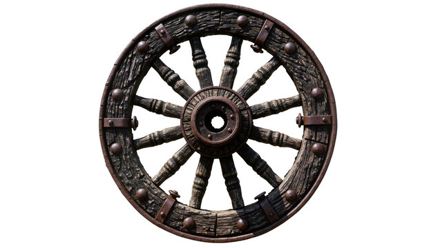 Rustic wooden wagon wheel with metal rivets and spokes, isolated on transparent background