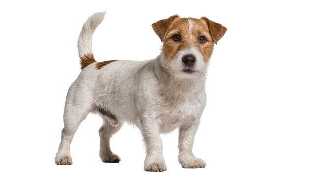Small white and brown Jack Russell Terrier dog standing, isolated on transparent background