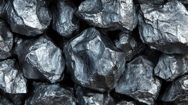 Raw chrome ore stones background, shiny metal chunks, industrial mining minerals texture closeup