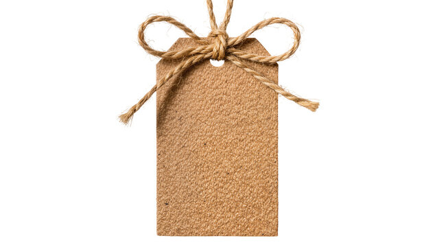 Brown textured paper tag with jute twine bow, isolated on transparent background