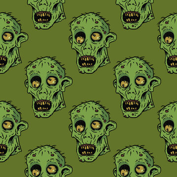 Hand-drawn seamless creepy pattern of zombie heads with scary faces, open mouths, and yellow eyes on an olive green background for Halloween textiles, gothic home decor, horror-themed wrapping paper.