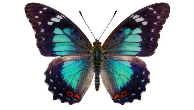 Detailed butterfly with iridescent blue and purple wings, isolated on transparent background