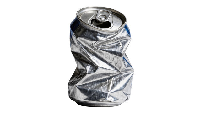 Crushed aluminum soda can dented and crumpled, isolated on transparent background