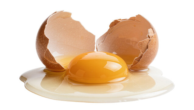 Broken brown egg with bright yellow yolk spilling out, isolated on transparent background