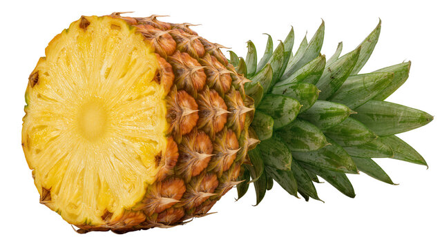 Half pineapple with green spiky leaves, isolated on transparent background