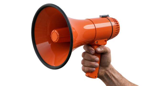 Orange megaphone held by a hand, isolated on transparent background