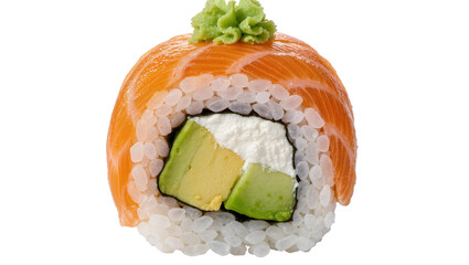 Salmon avocado cream cheese sushi roll with wasabi topping, isolated on transparent background © Aliona