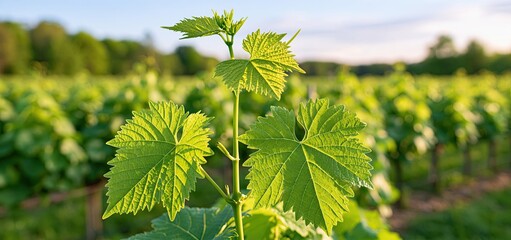Naklejka premium Fresh grapevine shoot with vibrant green leaves in a sunlit vineyard, highlighting delicate new growth and agricultural vitality.