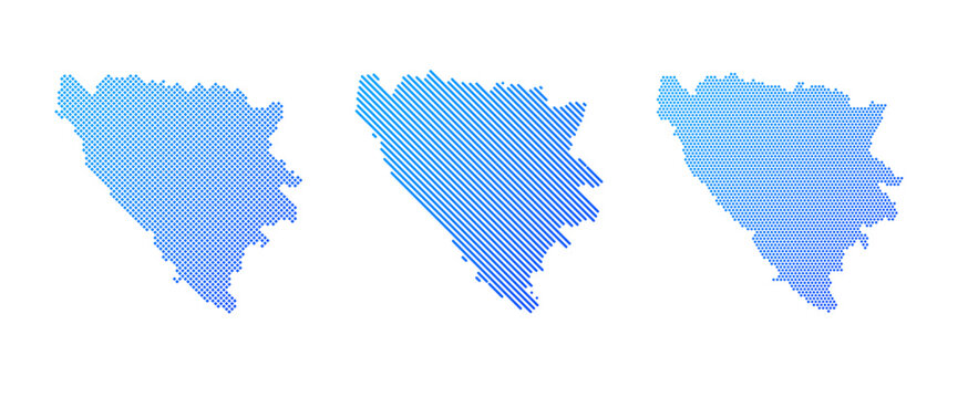 Bosnia and Herzegovina - Collection of stylized country silhouettes in three graphic patterns: dotted, diagonal striped and halftone. Clean blue vector designs isolated on white.
