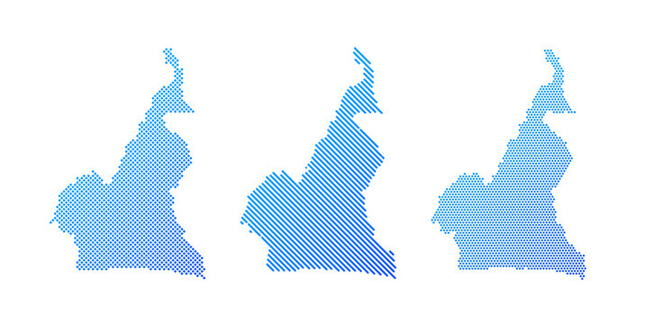Cameroon - Collection of stylized country silhouettes in three graphic patterns: dotted, diagonal striped and halftone. Clean blue vector designs isolated on white.