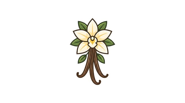 Vector illustration of a stylized vanilla orchid flower with green leaves and dried brown vanilla pods, isolated on a clean white background