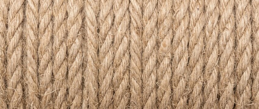 Hemp rope fiber texture background. Parallel twisted nautical cords. Coarse natural twine surface