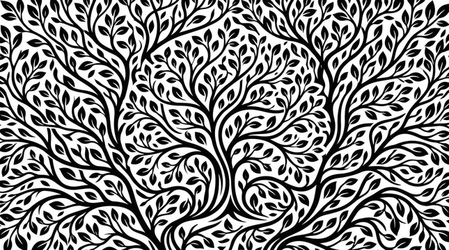 Elegant seamless pattern of intricate black tree branches and leaves over a white background, concept of tree of life or nature connection.