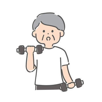 ダンベルでトレーニングをするシニア男性