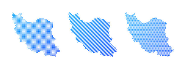 Obraz premium Iran - Collection of stylized country silhouettes in three graphic patterns: dotted, diagonal striped and halftone. Clean blue vector designs isolated on white.