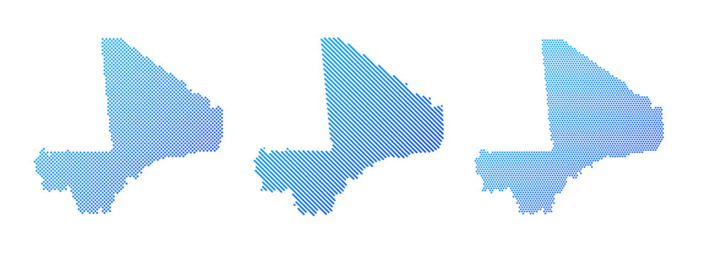 Mali - Collection of stylized country silhouettes in three graphic patterns: dotted, diagonal striped and halftone. Clean blue vector designs isolated on white.