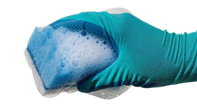 Turquoise rubber glove holding blue sponge with soap bubbles, isolated on transparent background