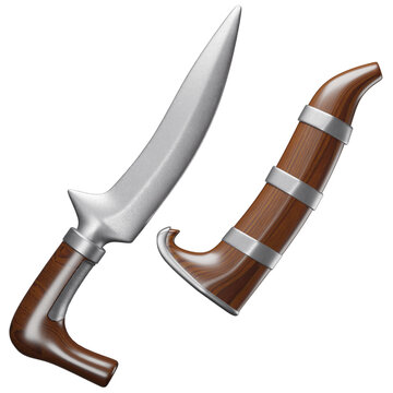 3D illustration of a traditional curved dagger with a wooden handle and ornate scabbard on white background