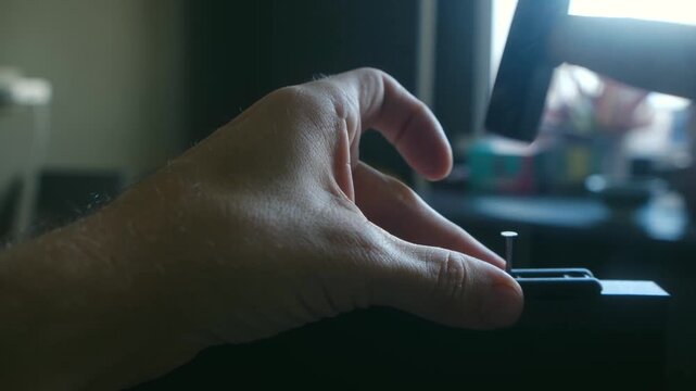 Closeup view of a craftsman hands carefully holding a small tack while gently hammering it into a dark wooden object during a do it yourself furniture assembly or repair project at home. Diy concept.