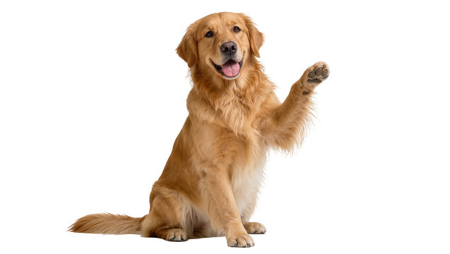 Golden retriever dog sitting and waving paw, isolated on transparent background