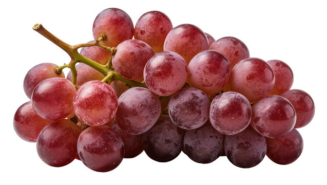 Fresh red globe grapes cluster with water droplets, isolated on transparent background