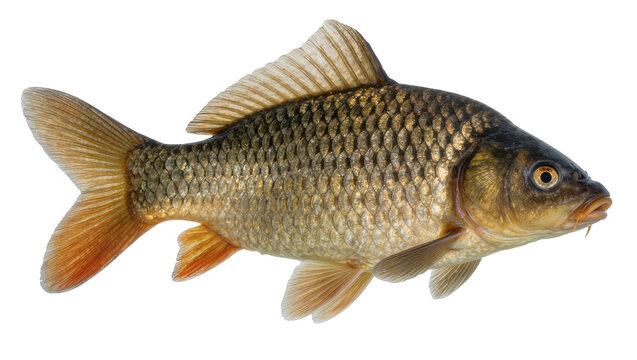Detailed common carp fish with golden scales, isolated on transparent background