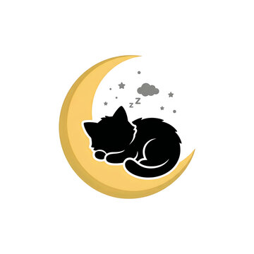 Black Cat Sleeping on Crescent Moon Illustration with Stars and Clouds on White Background
