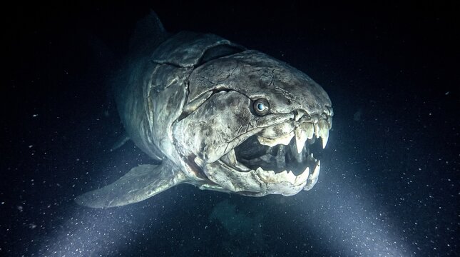 Terrifying prehistoric Dunkleosteus armored fish swimming in the dark deep sea abyss illuminated by an underwater spotlight.