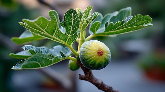 Close-up of a ripe fig on a branch, surrounded by lush green leaves in a sunlit garden, bringing the vibrancy of nature to the foreground.