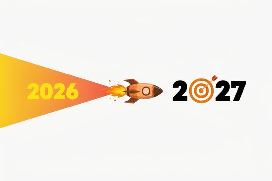 A cartoon rocket flies from 2026 towards a 2027 target, isolated on white background. This represents business growth and future goal achievement.