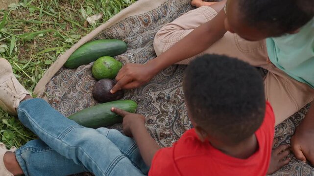 Children sit on patterned cloth outdoors examining fresh produce including cucumbers. adult helps identify items while child points indicating interactive learning session in nature