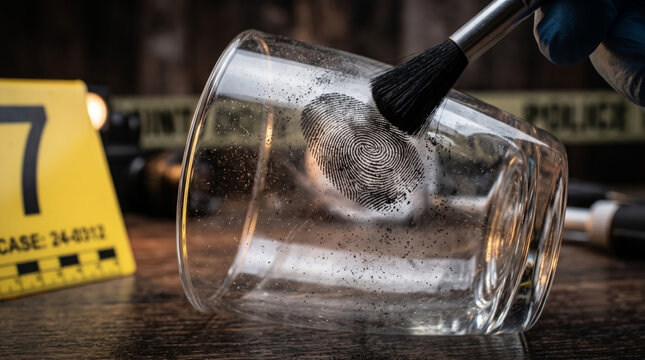Extreme macro close-up of a transparent drinking glass at a crime scene, showing a partially visible fingerprint highlighted with forensic powder and a yellow marker.