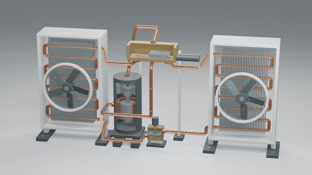 Heat pump cutaway with reversing valve and refrigerant flow