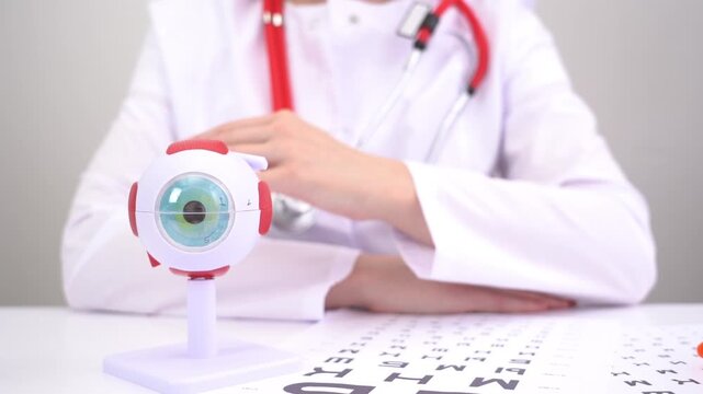 Doctor smiles, gives thumbs-up gesture. Eye model sits on desk beside vision chart. Medical professional shows approval and reassurance. Perfect for healthcare, eye care, or vision testing topics