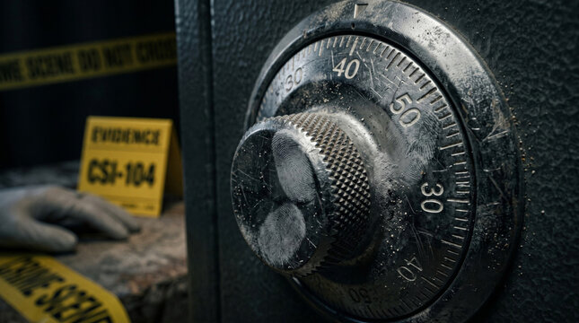 Extreme macro close-up of a heavy steel safe combination dial at a crime scene, revealing fine scratches, fingerprint powder highlighting partial prints, and dramatic low-key lighting.